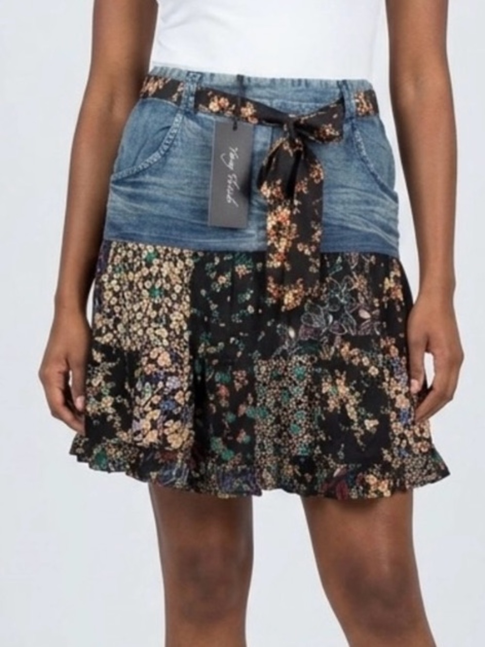 Denim-Waist Floral Tiered Mini Skirt